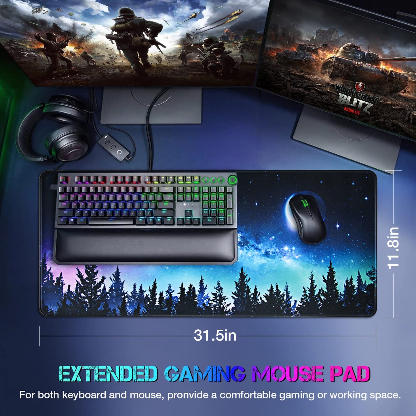 Large Mouse Pad for Office & Gaming (800x300x3mm) with Non-Slip Rubber Base and Stitched Edges – Aurora Design