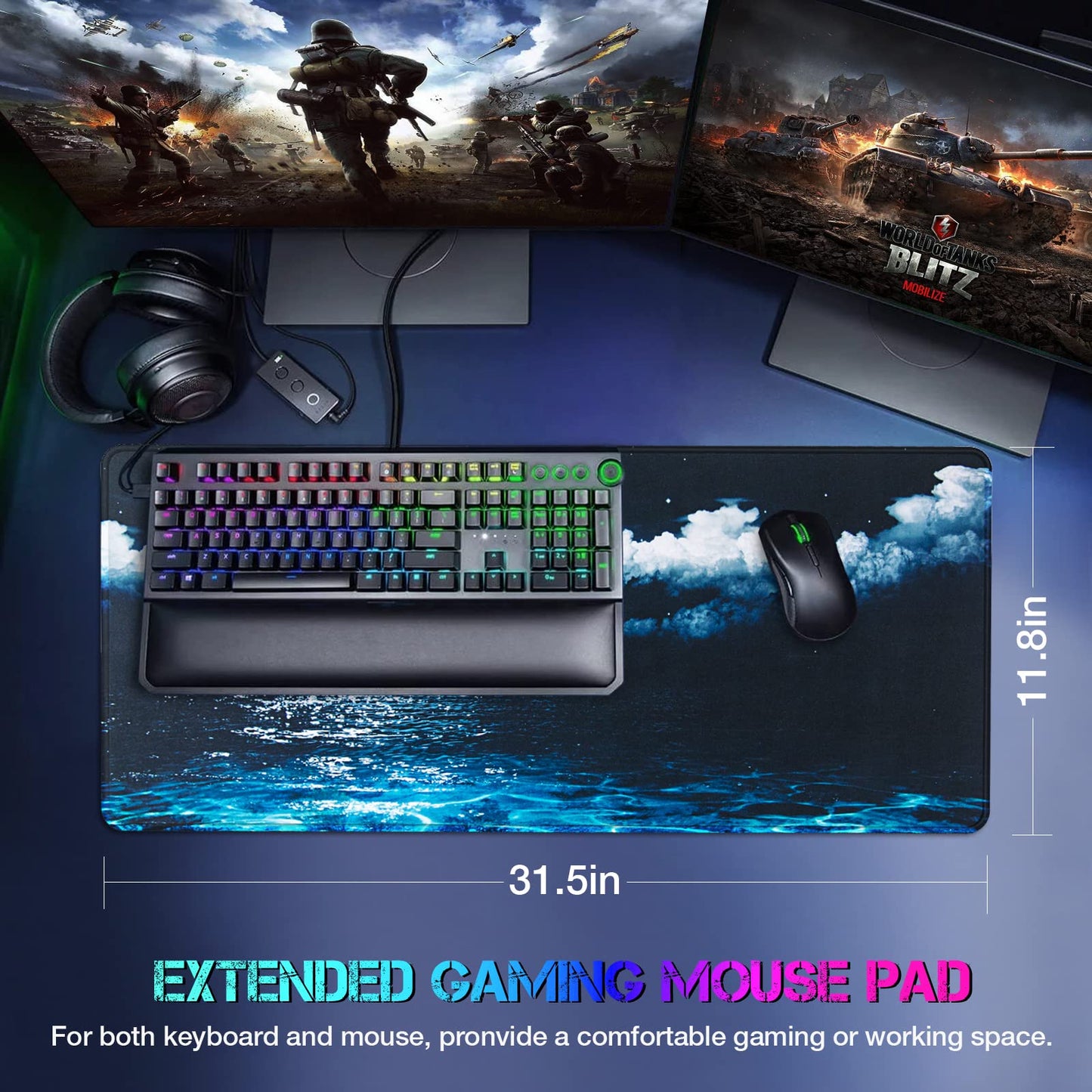 Extended Gaming Mouse Pad with Stitched Edges, Non-Slip Rubber Base, Washable Surface – 800x300mm (Lake Blue)